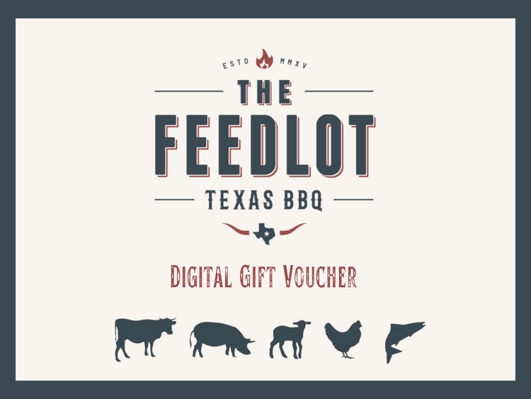 A Feedlot Gift Card is the perfect unique gift for any foodie. The design features the company logo with text reading "The Feedlot Texas BBQ" and silhouettes of a cow, pig, sheep, chicken, and fish at the bottom. "Digital Gift Voucher" is displayed prominently.